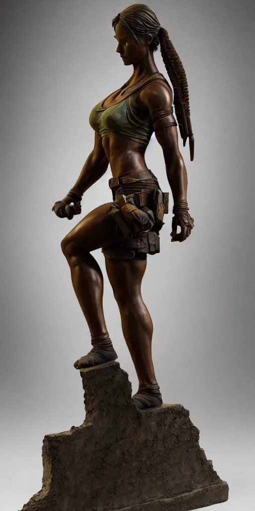 Image similar to detailed studio photo of old bronze patina statue lara croft, full body portrait, various bending poses, photorealism, intricate detail, museum diffuse lighting