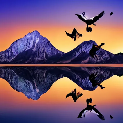 Prompt: photo of two black swans touching heads in a beautiful reflective mountain lake, a colorful hot air balloon is flying above reflecting off water, hot air balloon, intricate, 8k highly professionally detailed, centered, HDR, CGsociety