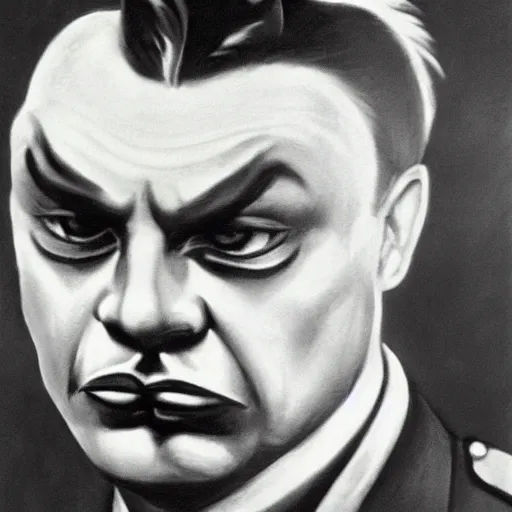 Image similar to highly detailed propaganda poster portrait of the leader of fascist hungary, viktor orban with cat whiskers face painting, looking into the distance 1 9 5 0, by edward hopper