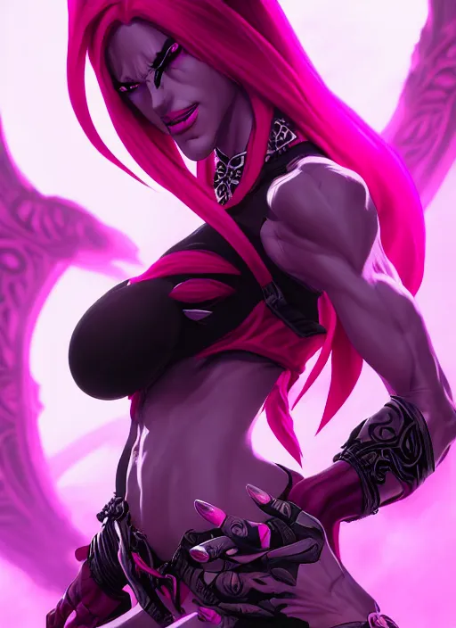 Prompt: lilith from darksiders, wide angle view, neon pink and black color scheme, highly detailed, artgerm, cushart krenz, king of fighters style, trending on artstation, soft light, sharp focus, illustration, character design, concept art