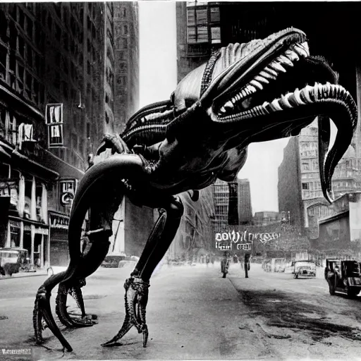 Image similar to old black and white photo, 1 9 1 3, depicting a xenomorph from the movie aliens rampaging through the bustling streets of new york city, historical record