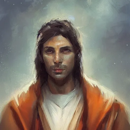 Image similar to portrait of a man by greg rutkowski, a young jedi night, arabian features, messy long black hair, wearing an orange flying jacket, star wars expanded universe, he is about 2 0 years old, highly detailed portrait, digital painting, artstation, concept art, smooth, sharp foccus ilustration, artstation hq