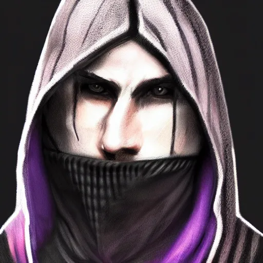 Image similar to ultra realistic illustration, man in a black hood, in a striped purple balaclava, mysterious, highly detailed, digital painting, artstation, concept art, smooth, sharp focus, illustration