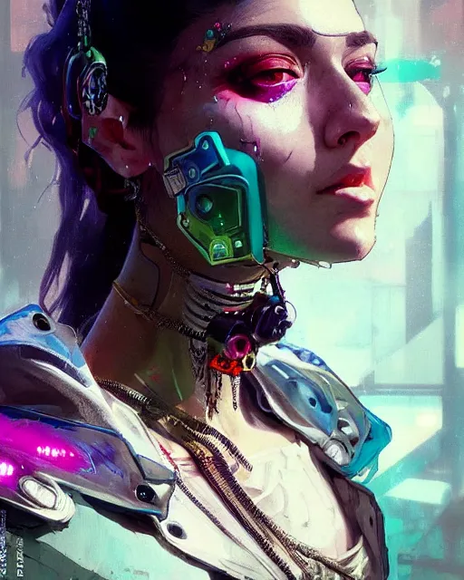 Prompt: detailed portrait Young Gangster Girl cyberpunk futuristic ((neon)) tattoes, styled hair Reflective thin sheen film jacket, decorated traditional ornaments by ismail inceoglu dragan bibin hans thoma greg rutkowski Alexandros Pyromallis Nekro Alphonse Mucha Zac Retz illustrated Perfect face, fine details, realistic shaded, fine-face, pretty face