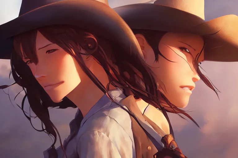 Image similar to western cowgirl smouldering, single centered subject, mid shot, ambient lighting, detailed face, by makoto shinkai, stanley artgerm lau, wlop, rossdraws