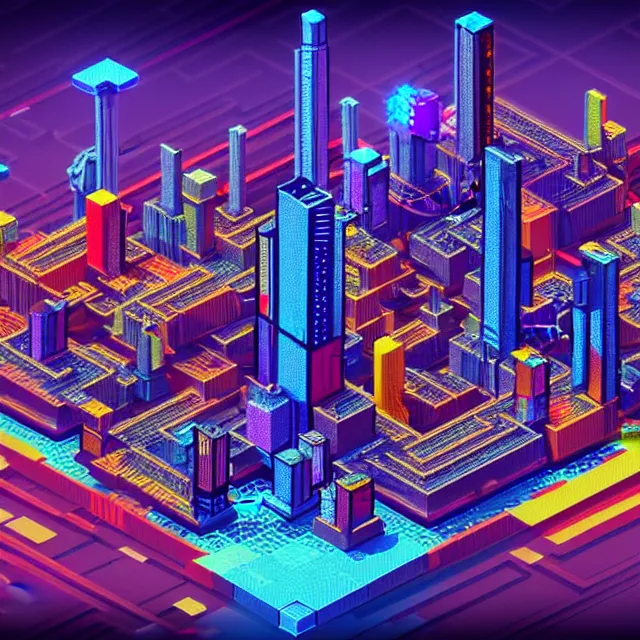 Prompt: voxel art of a cyberpunk blockchain city, chains connecting separate blocks, blockchain, symmetry, intricate, volumetric lighting, beautiful, rich deep colors masterpiece, sharp focus, ultra detailed, in the style of dan mumford and marc simonetti