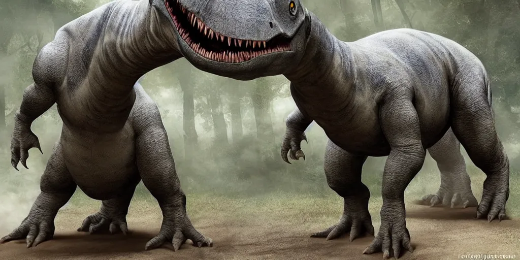 Prompt: a photo of a monster dinosaur with giant eyes derp derp derp, clumbsey and funny, no idea what is going on