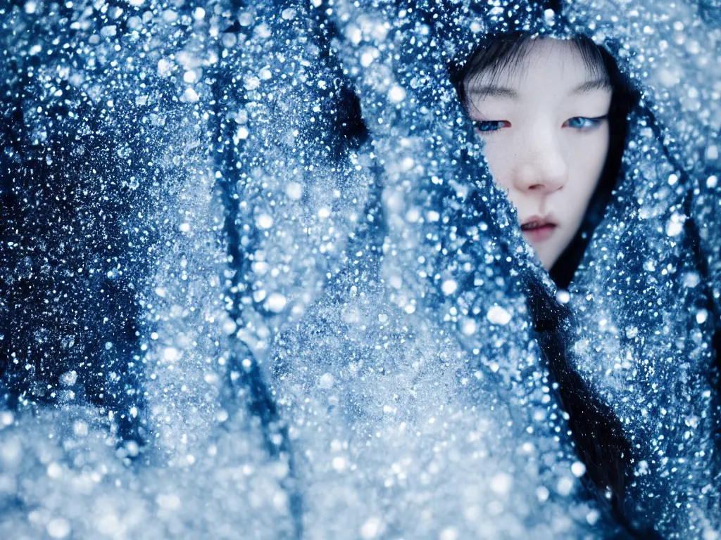 Prompt: the piercing blue eyed stare of yuki onna, freezing blue skin glinting and glittering, blizzard in the mountains, bokeh, asymmetric, rule of thirds