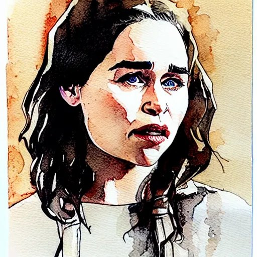 Image similar to portrait of emilia clarke by francis picabla, pen and watercolor wash on cardboard