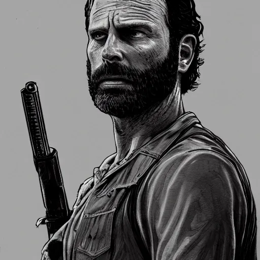 Image similar to rick grimes line art, the walking dead, full body, fantasy, medieval, vivid colors, elegant, concept art, sharp focus, digital art, Hyper-realistic, 4K, Unreal Engine, Highly Detailed, HD, Dramatic Lighting by Brom, trending on Artstation