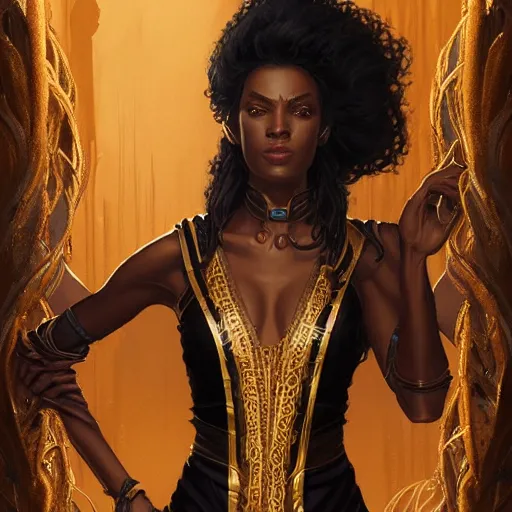 Prompt: Portrait of a tall brown-skin elf woman wearing stylish black and gold robes, intricate, elegant, highly detailed, digital painting, smooth, sharp focus, artstation, graphic novel, art by stanley artgerm and greg rutkowski and peter mohrbacher,