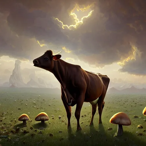 Image similar to long shot photo of a cow with many mushrooms sprouting from it's back and top, highly detailed, digital painting, artstation, smooth, sharp focus, illustration, art by artgerm and greg rutkowski and alphonse mucha