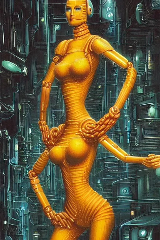 Prompt: a highly detailed retro futuristic female android made out of pasta standing in a dank alleyway from blade runner, a robot made out of pasta, arms made out of spaghetti, body made out of macaroni, beautiful highly symmetric face, painting by Peter Andrew Jones and Greg Hildebrandt