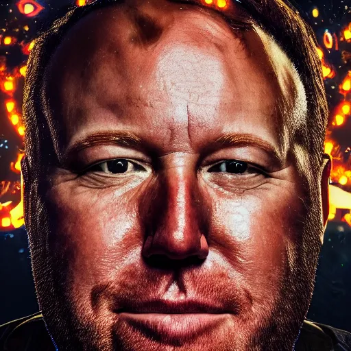 Image similar to hyperrealistic dslr film still of info wars alex jones, stunning 8 k octane comprehensive 3 d render, inspired by jackson pollock, perfect facial symmetry, dim volumetric cinematic lighting, extremely hyper - detailed, extremely lifelike attributes & lifelike texture, intricate, masterpiece, artstation, stunning