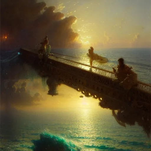 Image similar to point of view, you are deep in the ocean looking up, you see fishes, flora and fauna, higher you see the splendorous milk way illuminating the sea. highly detailed painting by gaston bussiere, greg rutkowski 8 k