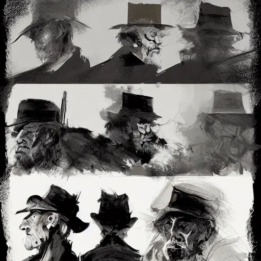 Prompt: faces reference sheet of old - man by ashley wood and j. m. w. turner, speed painting, matte painting, monochrome