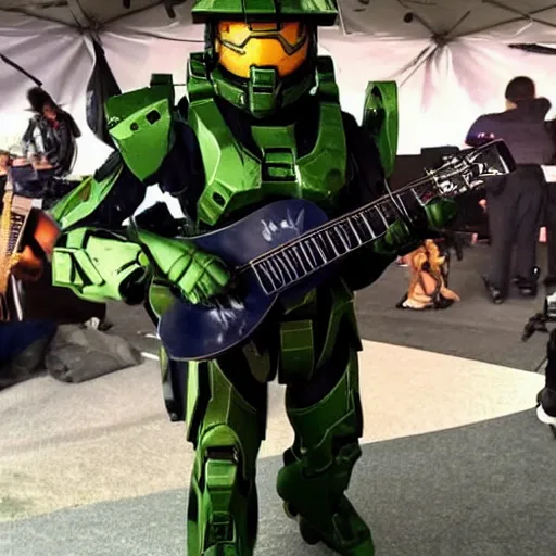 Image similar to Master Chief from Halo playing guitar at a music festival in Japan