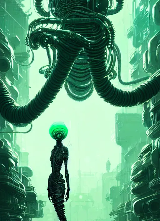 Image similar to highly detailed portrait of a biopunk long curly white hair tribal lady, stray wiring by atey ghailan, james gilleard, by joe fenton, by greg rutkowski, by greg tocchini, by kaethe butcher, 4 k resolution, gradient green, black and white color scheme!!! ( ( green slime robotic dystopian city background ) )