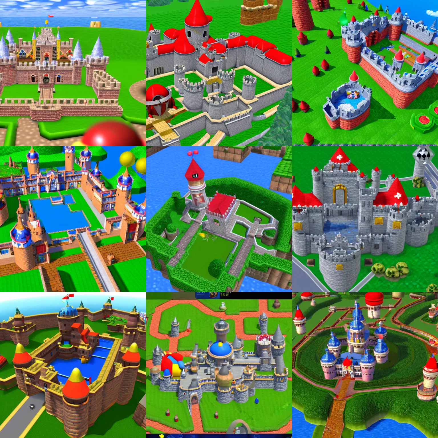 Prompt: Screenshot of Mario 64 castle aerial view in the summer, 4k