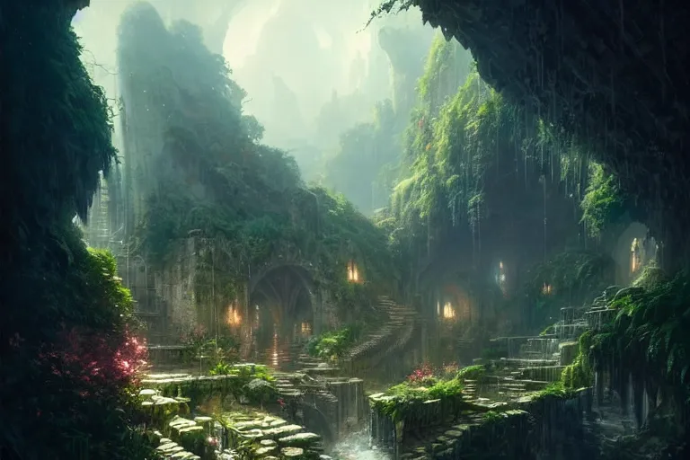 Image similar to City hidden in a cave, natural light, lush plants and flowers, elegant, intricate, fantasy, atmospheric lighting, by Greg rutkowski, trending on artstation