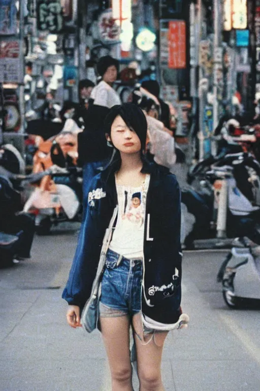 Image similar to a 1 9 9 0 s street fashion photograph of a young japanese woman in 9 0 s fashion, uncropped photograph, in bubble era tokyo ueno, shot on cinestill 5 0 d with a canon 2 8 mm at f / 5. 6 lens, print magazine quality!!, very highly photorealistic, nineties nostalgia!!!, 4 k