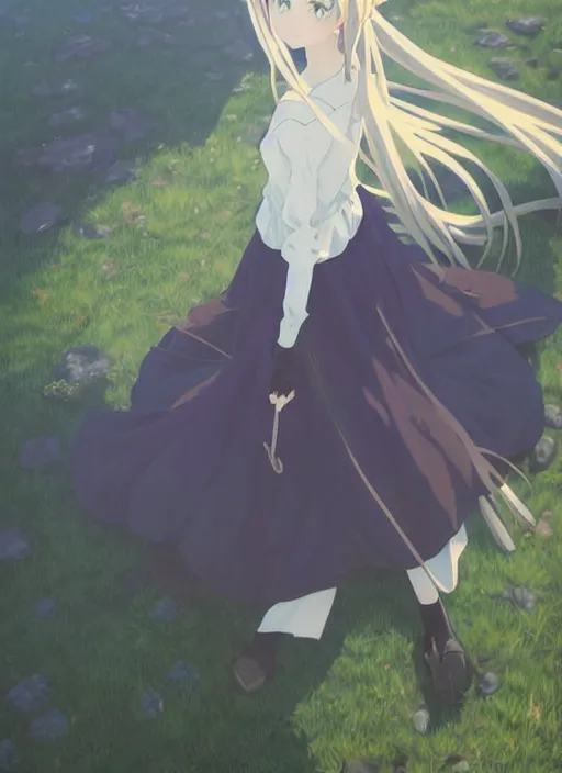 Image similar to Painting of a cottagecore witch in the style of Violet Evergarden, beautiful anime art style, winged eyelashes, countryside, calm, fantasy character portrait, dark outlines, dynamic pose, above view, sunny day, artwork by Makoto Shinkai, very coherent asymmetrical artwork, sharp edges, perfect face, simple form, 100mm