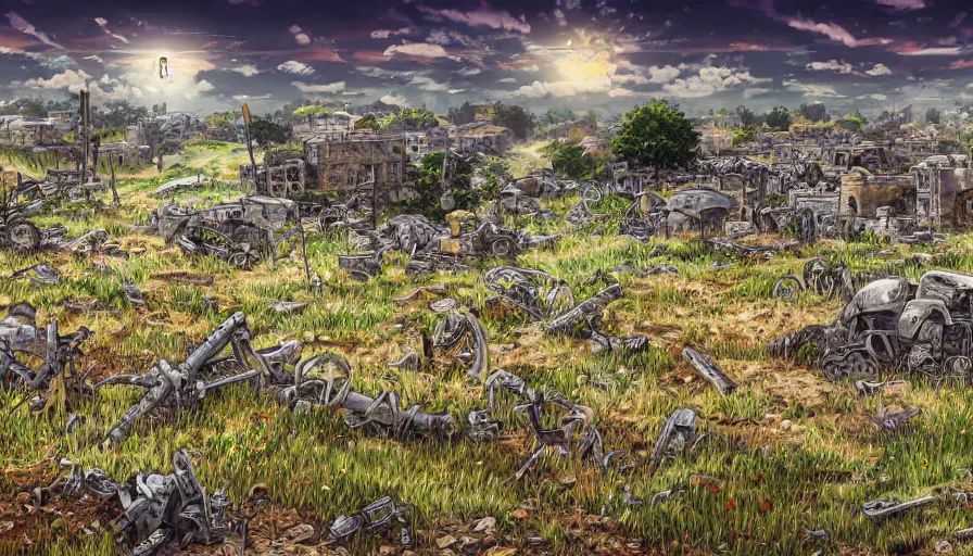 Prompt: the beautiful, chilling, mundane view of a field after war filled with dead soldier calvary and rocks. hyperrealistic anime background illustration, colorful, extremely detailed intricate linework, smooth, super sharp focus, bright colors, high contrast, matte, octopath traveler, unreal engine 5 highly rendered, global illumination, radiant light