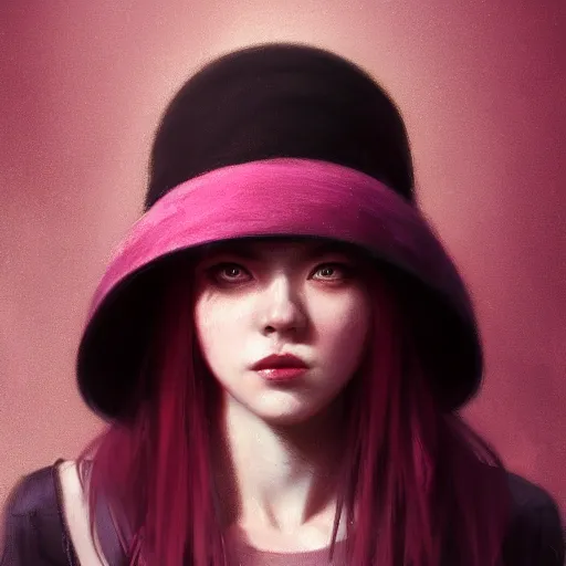 Image similar to a photorealistic dramatic fantasy render of a pink coloured haired young girl with a black wool hat by wlop, artgerm, greg rutkowski, alphonse mucha, beautiful dynamic dramatic dark moody lighting, shadows, cinematic atmosphere, artstation, concept design art, octane render, 8 k