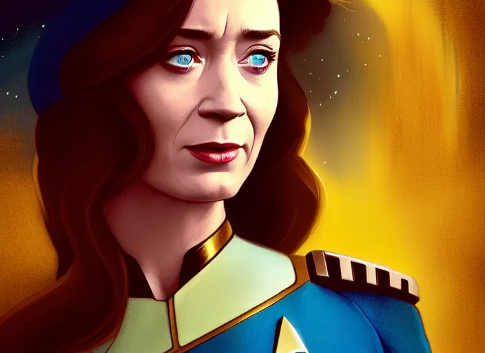 Image similar to a disney film still of emily blunt as a star trek officer, finely detailed features, closeup of the face, perfect art, dusk, blue hour, gapmoe yandere grimdark, trending on pixiv fanbox, painted by greg rutkowski, makoto shinkai, takashi takeuchi, alphonse mucha, akihiko yoshida