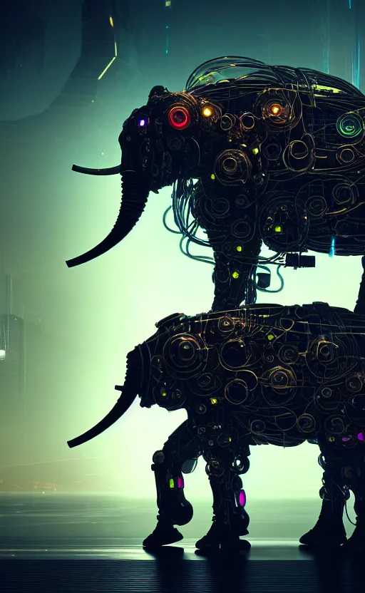 Image similar to hyper realistic and higly detailed photo of a cyberpunk mech elephant. intricate, wiring, electronic components, color diodes. volumetric light. professional digital art, lotr style, extremly detailed, trending on artstation, stuning, octane render, unreal engine 5, 8 k rendering.