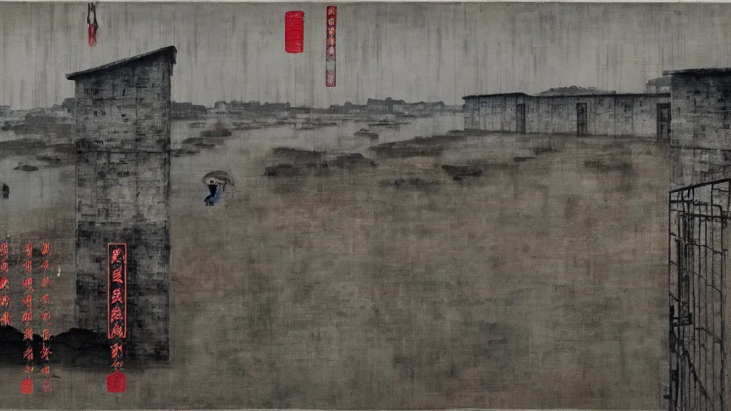 Image similar to a chinese prison near a river by peter doig, muted grey colors, overlaid with chinese adverts