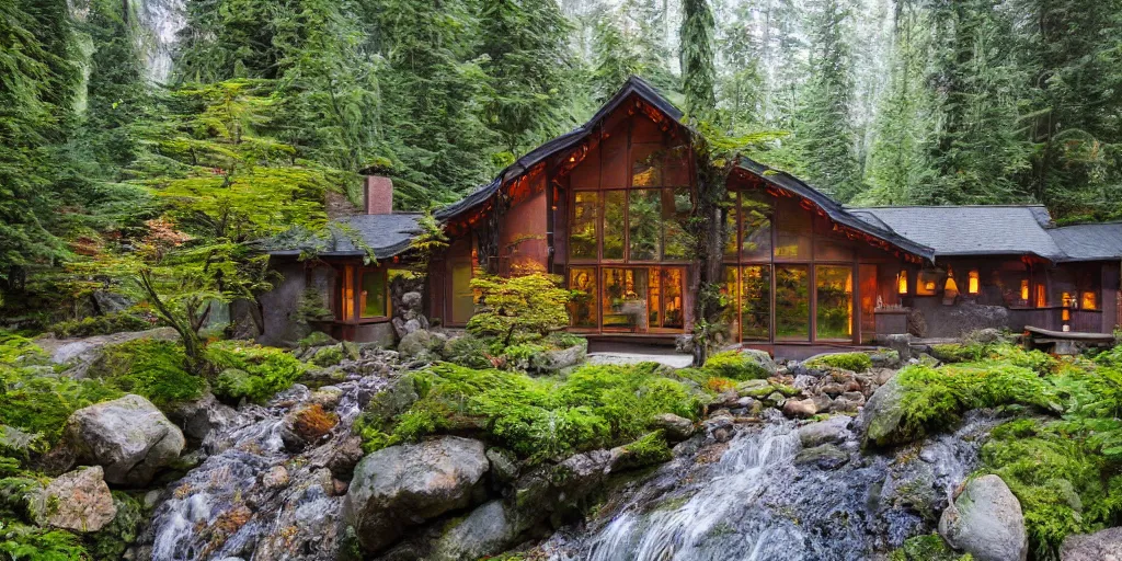 Prompt: residence in the style of rivendell, pacific northwest