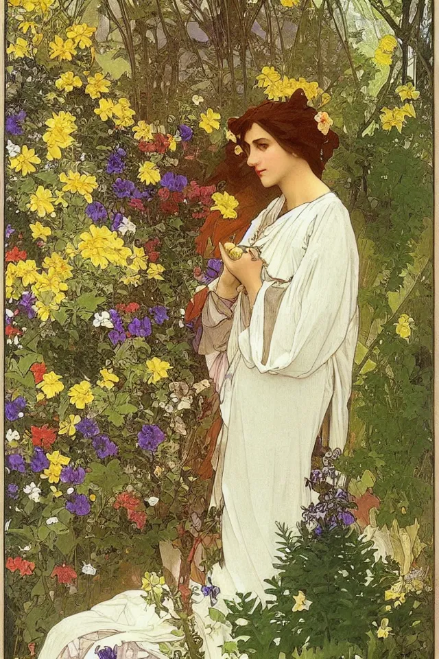 Prompt: atmospheric painting of a beautiful greek woman in robes, in garden full of ferns, marigold flowers by alphonse mucha