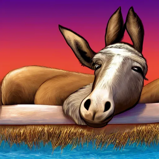 Prompt: donkey on a sunbed, tropical vacation, digital art