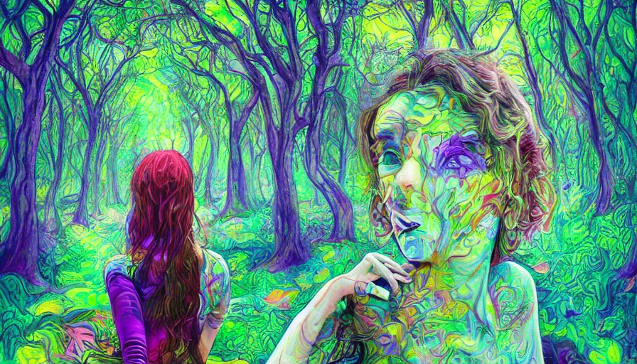 Image similar to landscape beautiful woman in psychodelic dmt lsd forest, photorealistic, artgerm, artwork by Arian, Mark