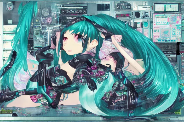 Prompt: fractal hatsune miku gnu / linux desktop environment, romance novel cover, cookbook photo, in 1 9 9 5, y 2 k cybercore, industrial photography, still from a ridley scott movie