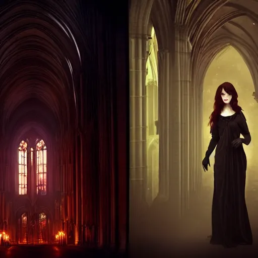 Image similar to mary elizabeth winstead as a vampire in a gothic cathedral at night, gloomy, horror photography by artgerm and alphonse mucha and ross tran and greg rutkowski.