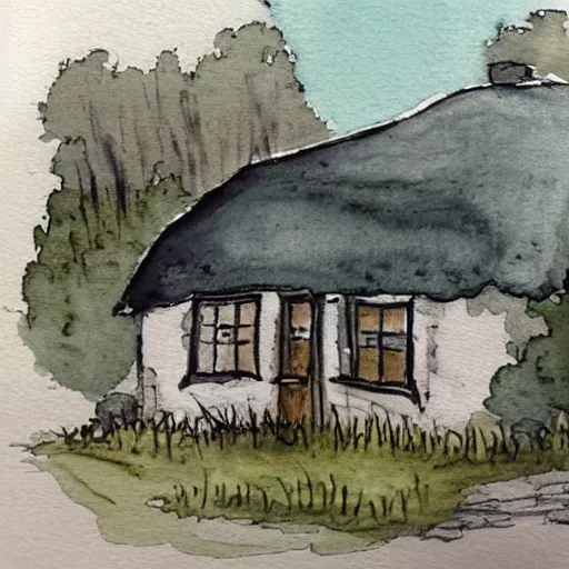 Image similar to a watercolor and ink painting of a cottage, drawn on white parchment paper, vibe, atmosphere, detailed, muted colors