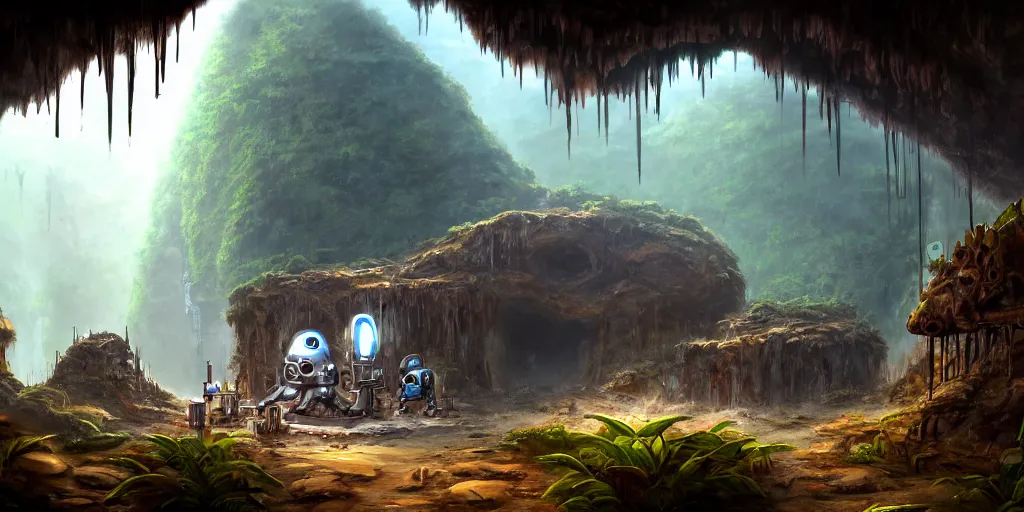 Prompt: a chrome drillbot visits a slightly rusted cave mouth in the jungle, retrofutistic, matte oil painting, merchant tents, science fantasy, salt, rpg, epic, extremely detailed, sharp focus, 4 k