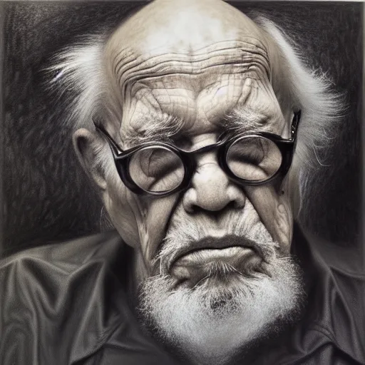 Prompt: painted closeup portrait of fierce elder by chuck close, charcoal on canvas