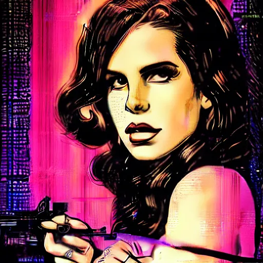 Image similar to lana del rey, detailed cyberpunk vaporwave portrait by tim doyle, by norman rockwell