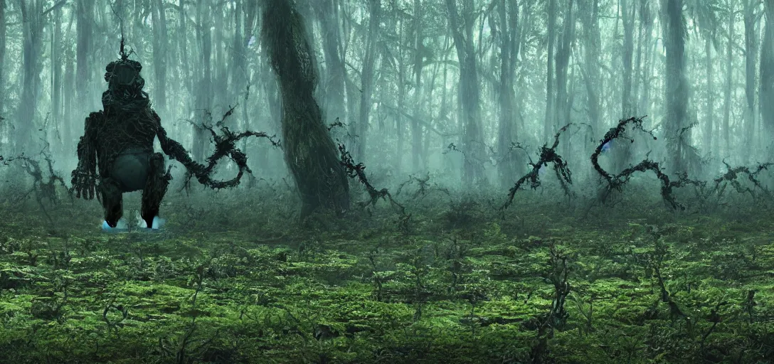 Prompt: a complex organic fractal 3 d metallic symbiotic ceramic humanoid megastructure creature in a swampy lush forest, foggy, cinematic shot, photo still from movie by denis villeneuve, wayne barlowe, taken with a disposable camera