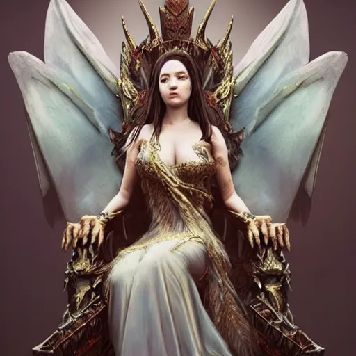 Prompt: a beautiful portrait of a majestic dragon queen on a throne, throne shaped like dragon wings, by greg rutkowski and raymond swanland, trending on artstation, ultra realistic digital art