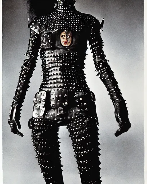 Image similar to portrait of a skinny punk goth yayoi kusama wearing armor by simon bisley, john blance, frank frazetta, fantasy, thief warrior