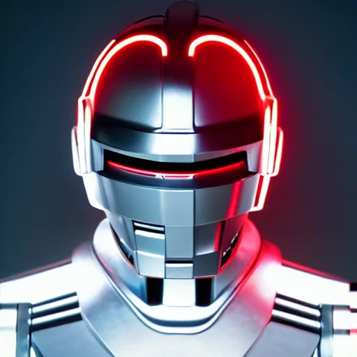 Image similar to daftpunk deluxe humanoid robots front head daftpunk curved screen displaying red glowing Error, his head shows a red glowing Error message, background dark, 40nm lens, shallow depth of field, split lighting, 4k,