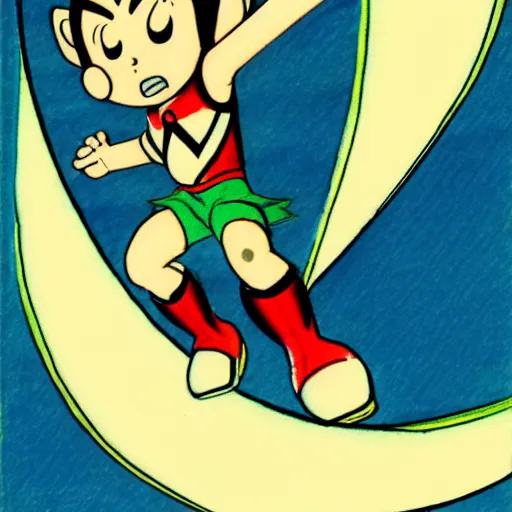 Image similar to astro boy flying, drawn by osamu tezuka, manga, water colored, pastel tones