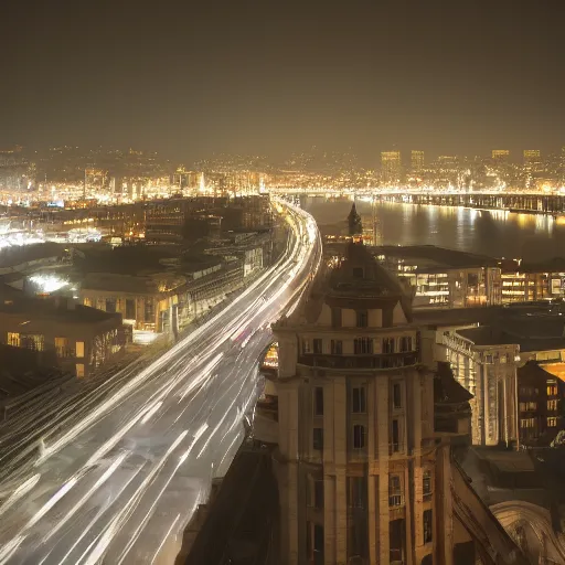 Prompt: a blurry photo of a city at night, a tilt shift photo by ian spriggs, featured on flickr, modular constructivism, long exposure, multiple exposure, soft mist