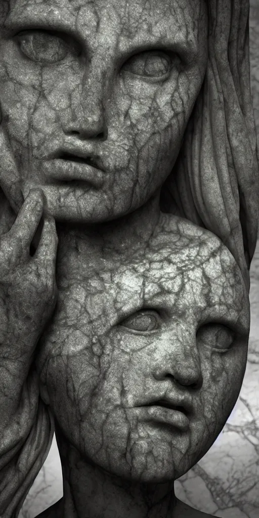 Image similar to weird marble statue close up in a dark room, creepy and eerie athmosphere, mist, godrays, photorealistic, hd,