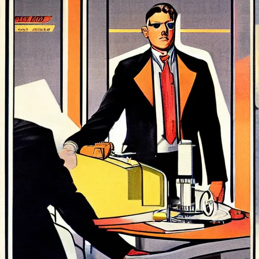 Prompt: man in futurist lab, 6 0 s ´ s design, leyendecker style