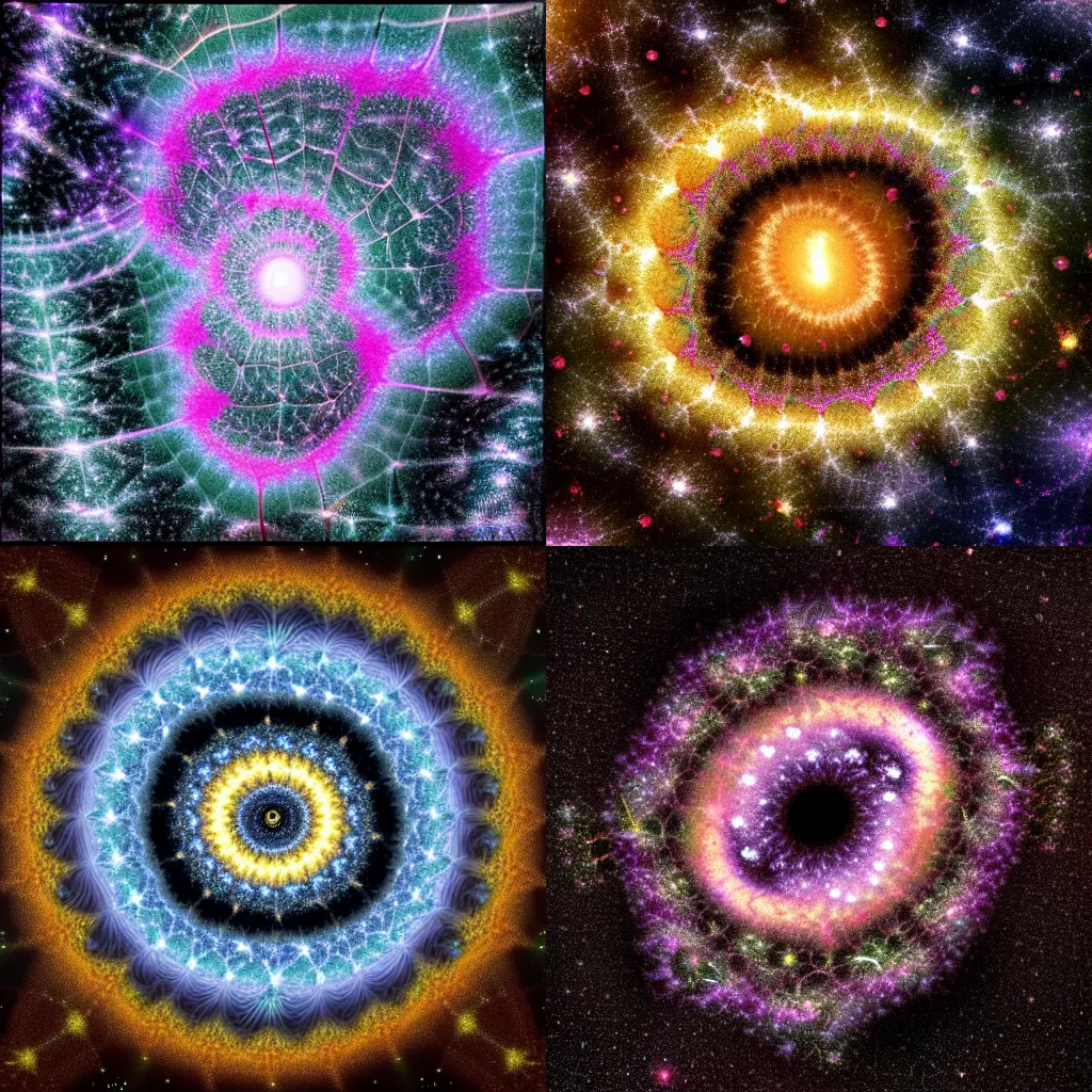 Prompt: mandelbrot set and julia set fractal spiderweb spirals crossed with jwst spiral galaxy images with infinite depth and detail, high quality photorealistic art